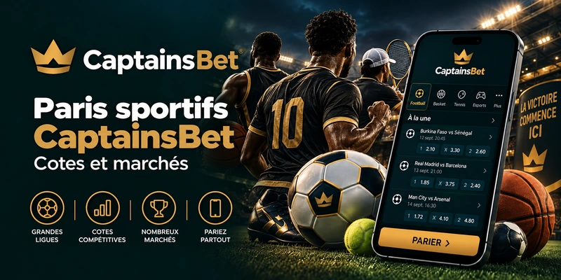 Paris sportifs CaptainsBet au Burkina Faso : athlètes vus de dos, ballons et interface mobile avec cotes et marchés de paris.