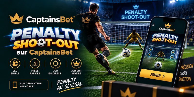 Penalty Shoot-Out sur CaptainsBet au Sénégal, avec un footballeur vu de dos tirant un penalty et un smartphone affichant le jeu.