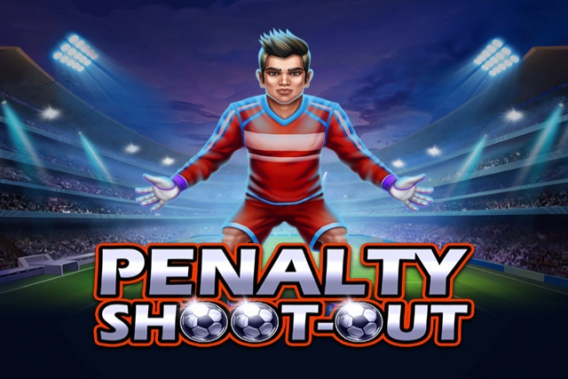 Logotipo de Penalty Shoot-Out com goleiro ilustrado de uniforme vermelho em um estádio iluminado.