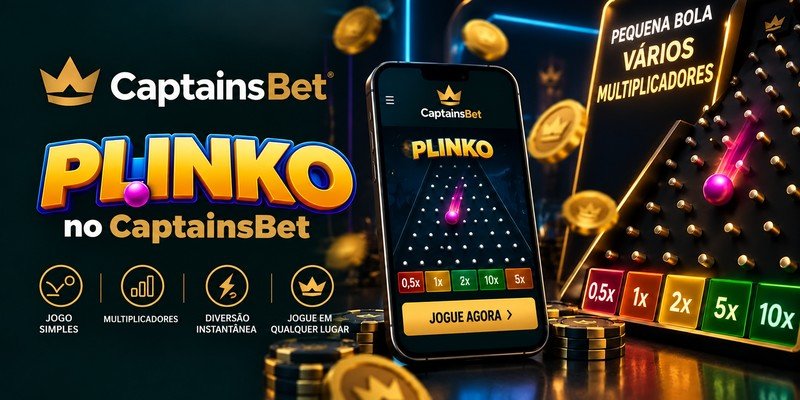 Banner de Plinko no CaptainsBet Brasil, com bola rosa em um tabuleiro de pinos, multiplicadores coloridos e smartphone exibindo o jogo.