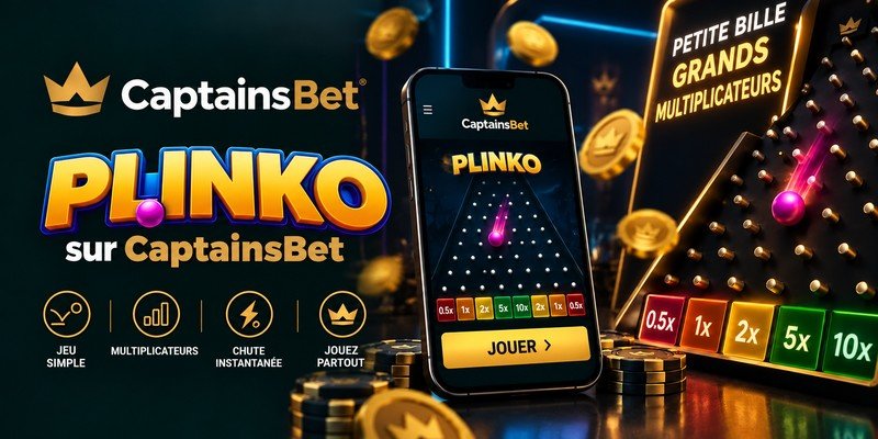 Plinko sur CaptainsBet au Sénégal, avec un smartphone affichant le jeu, une bille rose et un plateau à multiplicateurs.