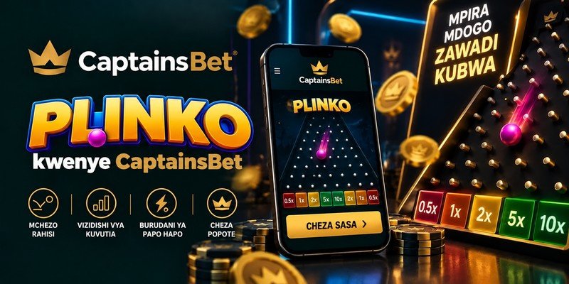Plinko kwenye CaptainsBet Tanzania, ikiwa na simu, mpira wa waridi unaoanguka kati ya vigingi na vizidishi vya mchezo.