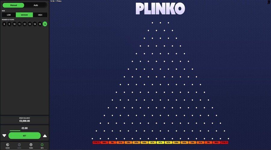 Interface de Plinko en mode démo, avec 16 rangées, un risque moyen sélectionné et une mise de 2 euros.