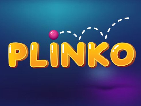 Plinko game logo with gold lettering and a bouncing pink ball on a blue and purple background.