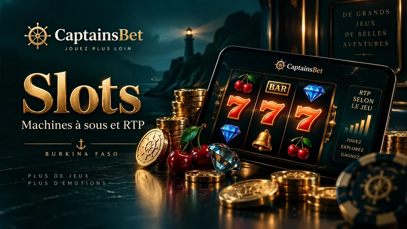 Machines à sous CaptainsBet au Burkina Faso : tablette avec rouleaux 777, pièces dorées et indication du RTP selon le jeu.